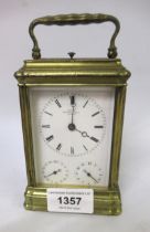 Grohe of London, 19th Century gilt brass gorge case repeater carriage clock, the enamel dial