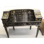 20th Century ebonised and chinoiserie decorated Carlton House desk, the galleried back having an