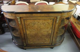 Victorian figured walnut inlaid and gilt metal mounted credenza, the moulded top above a central