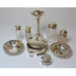 Circular silver trinket box, silver spill vase, pair of silver circular pierced dishes and five