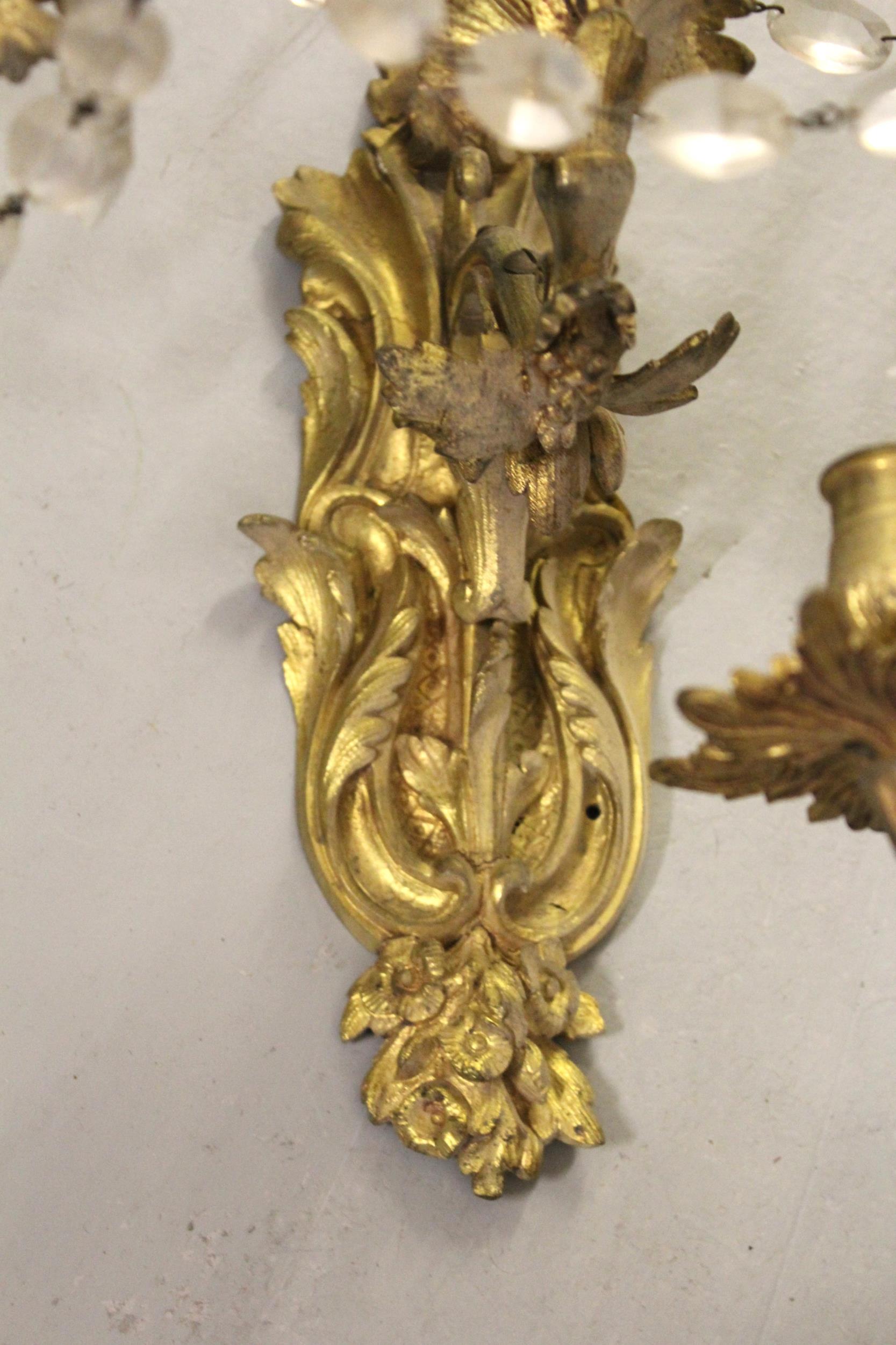 Pair of 19th Century French ormolu and crystal four branch wall lights, 29cm high - Image 2 of 2