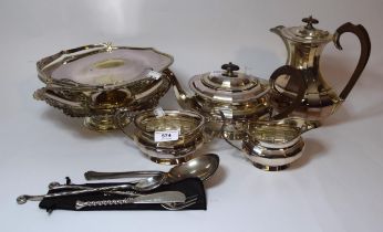 Silver plated four piece tea service, small quantity of flatware and two swing handled fruit baskets