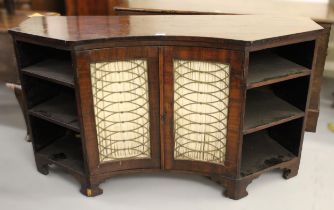 19th Century mahogany line inlaid inverted dwarf bookcase with brass grilled and pleated silk
