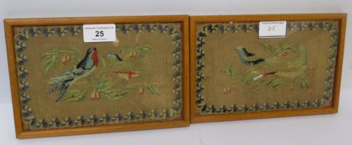 Pair of small rectangular framed woolwork pictures, birds in foliage, 13 x 20cm, together with a