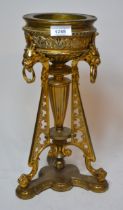 19th Century gilt brass oil lamp base on pierced triform base 37cm high x 15cm diameter - there