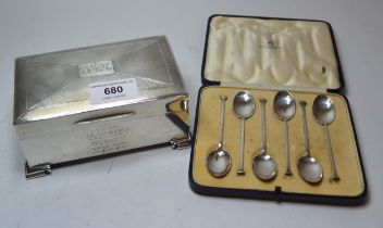 London silver cigarette box with presentation engraving for 1931, together with a cased set of six