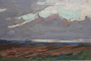 In the manner of Mark Senior, oil sketch on card, landscape and sky study, 13 x 22cm