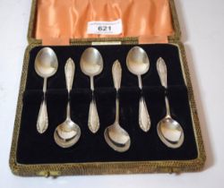 Set of six Birmingham silver coffee spoons in fitted box, a two handled plated trophy cup, a