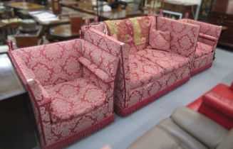 Knole type three piece sitting room suite covered in a red damask fabric