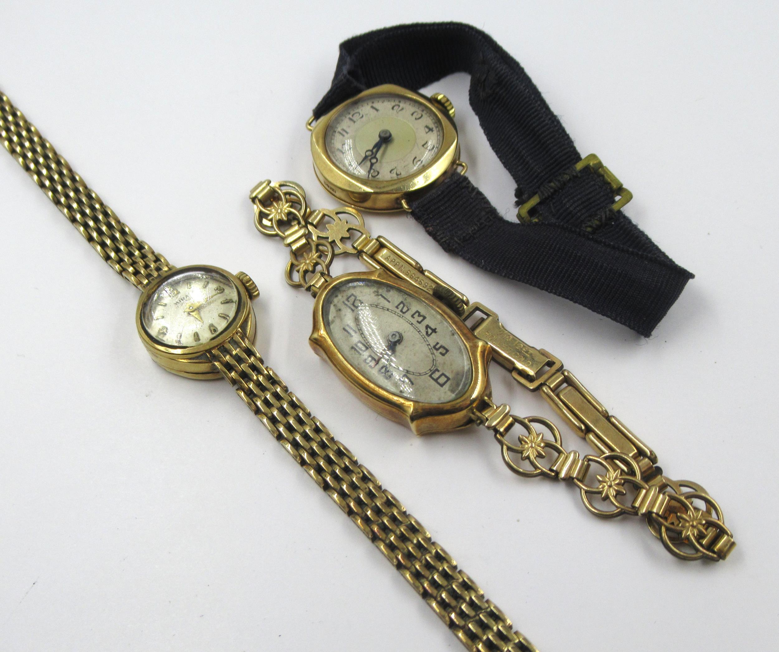 Ladies 9ct gold cased wristwatch with integral bracelet, 17.5g gross, together with two other ladies