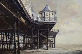 Roy Adams oil on board, study of Brighton pier, signed, framed, 19 x 27cm