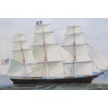 19th Century gouache painting, study of a clipper ship flying the American flag