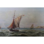 J. Lewis, pair of oil paintings on canvas, fishing boats off a coastline and naval vessels off a