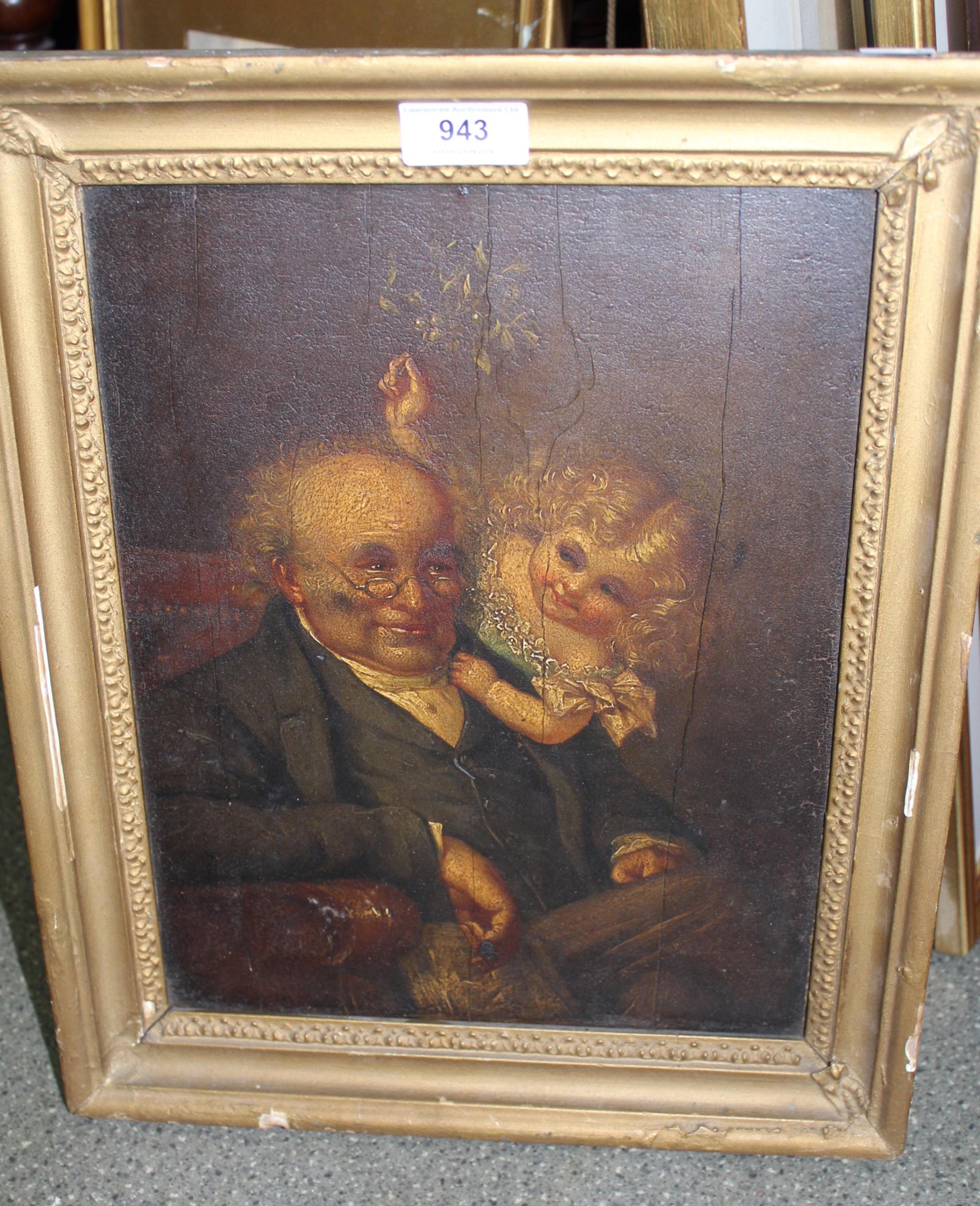 19th Century English school, oil on board, portrait of an elderly man with his granddaughter, - Image 2 of 2