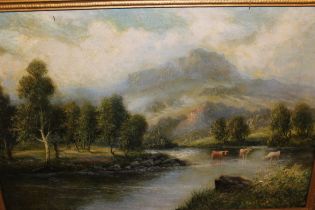 William Langley, oil on canvas, river landscape with cattle watering, signed, 39 x 59cm, gilt framed