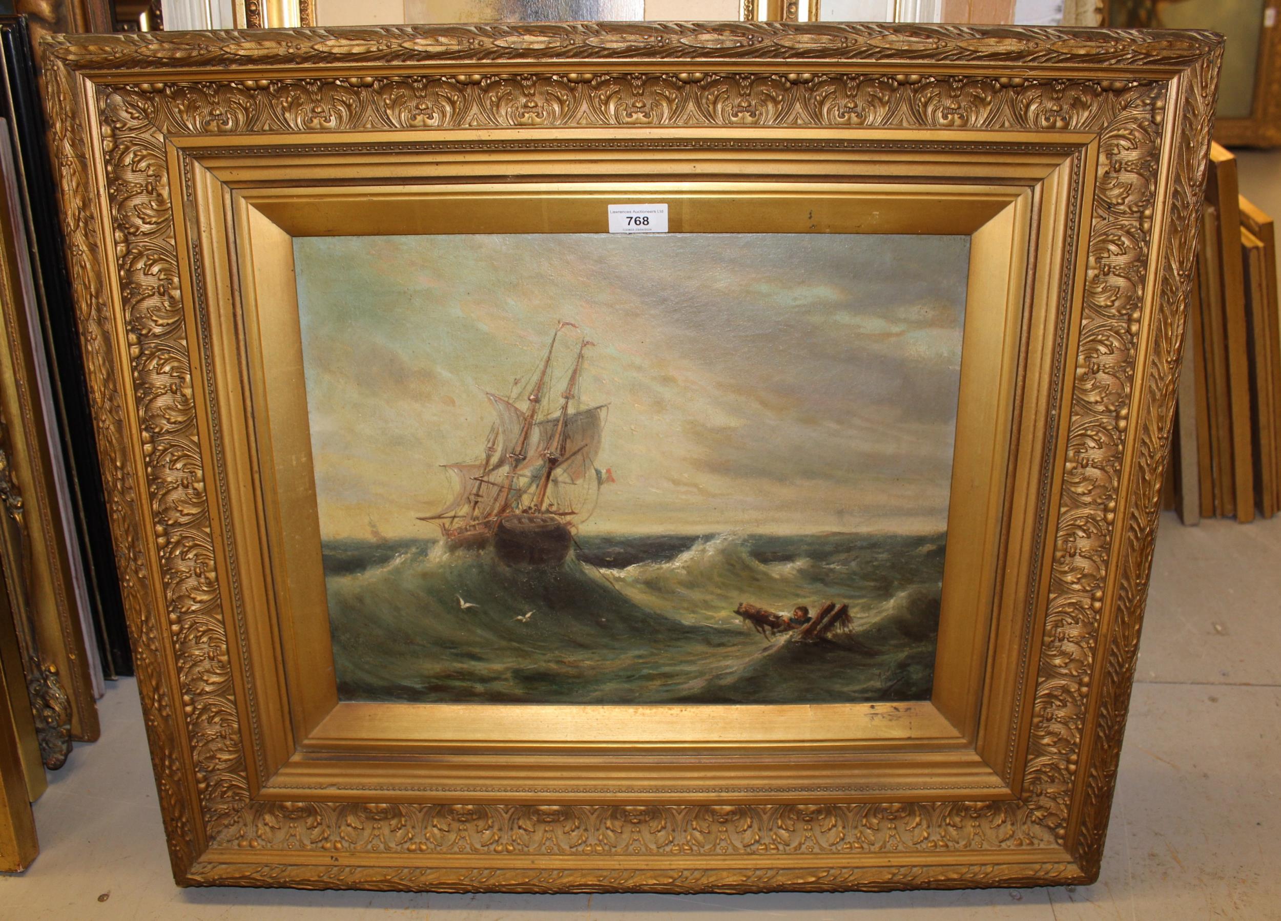 19th Century oil on canvas, seascape with a French merchant sailing ship attending a shipwrecked - Image 2 of 5