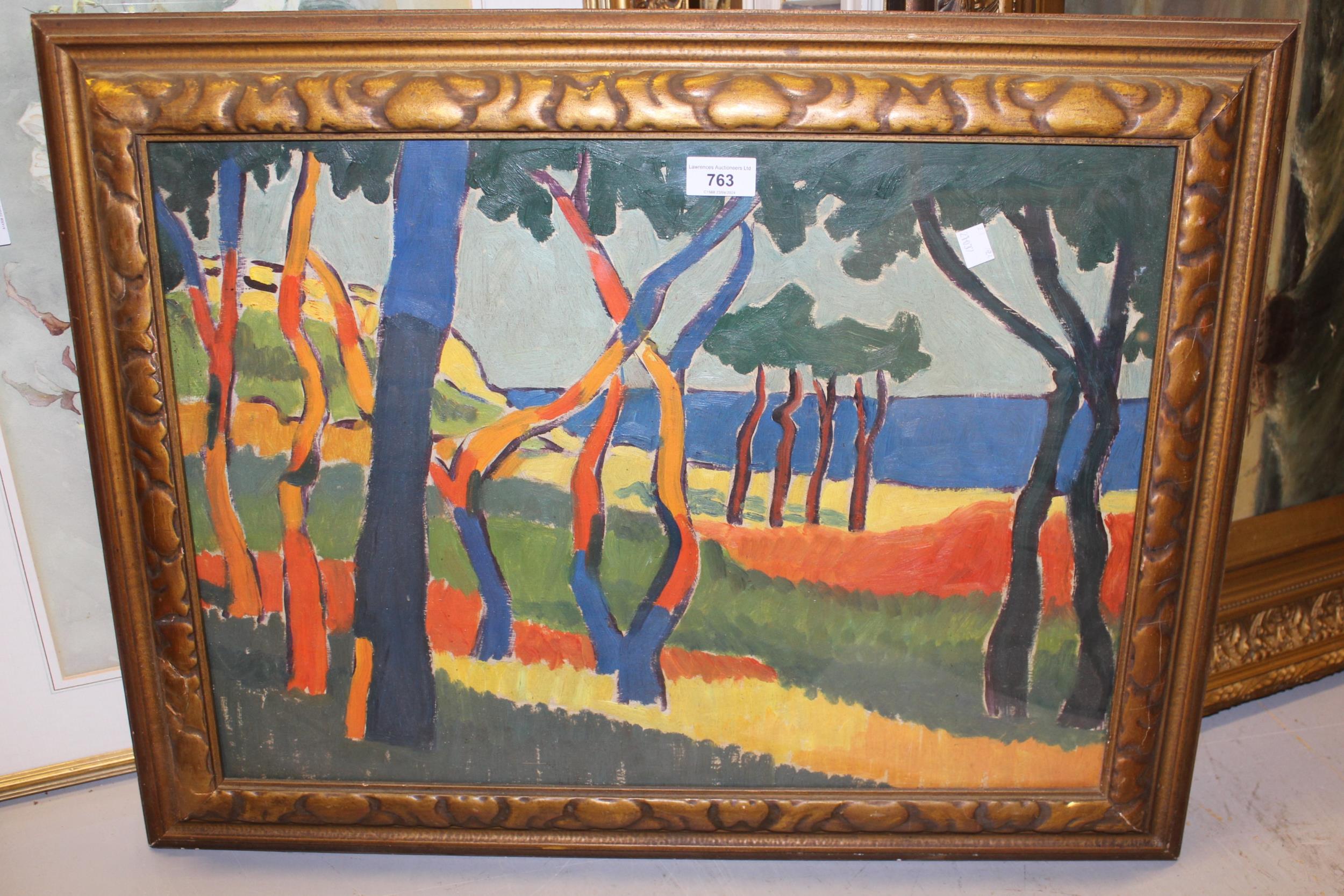 Modern expressionist oil on board, coastal landscape with trees, unsigned, gilt framed, 41 x 57cm - Image 2 of 4