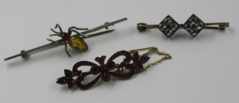 19th Century garnet set bar brooch, together with a beetle brooch and another bar brooch