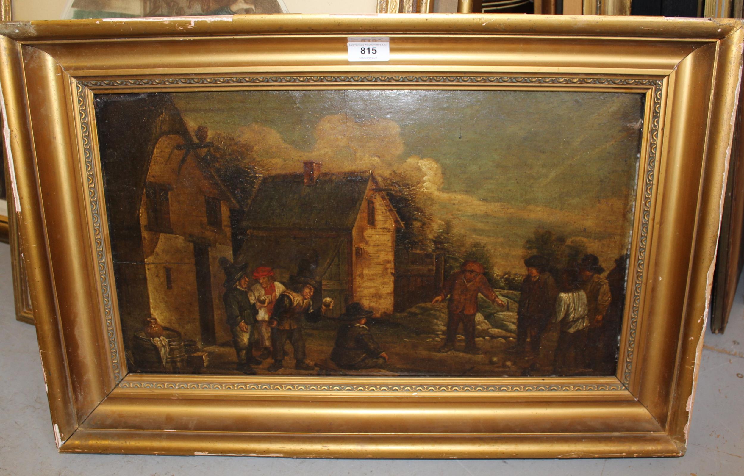 18th Century Continental oil on board, figures playing bowls outside a tavern, gilt framed, 30 x - Image 2 of 2