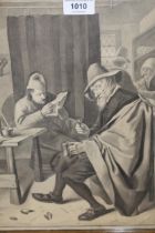 After Jan Steen, an antique monochrome watercolour, study of Dutch figures in an interior bearing