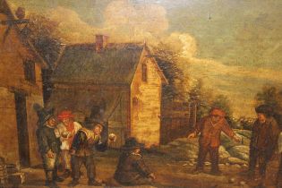 18th Century Continental oil on board, figures playing bowls outside a tavern, gilt framed, 30 x