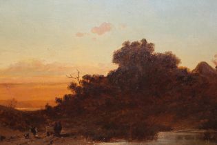 Anton Windmaier, signed oil on canvas, figures with horsedrawn cart in a landscape at sunset,