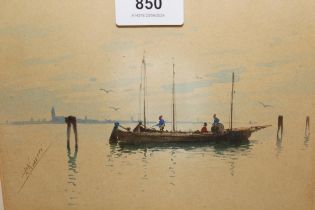 F. Noretti, watercolour, fishermen on the Venice lagoon, signed, gilt framed, 14 x 19cm
