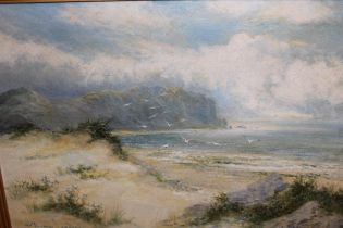 William Langley, oil on canvas, coastal landscape with gulls, signed, 40 x 59cm, gilt framed Crazing