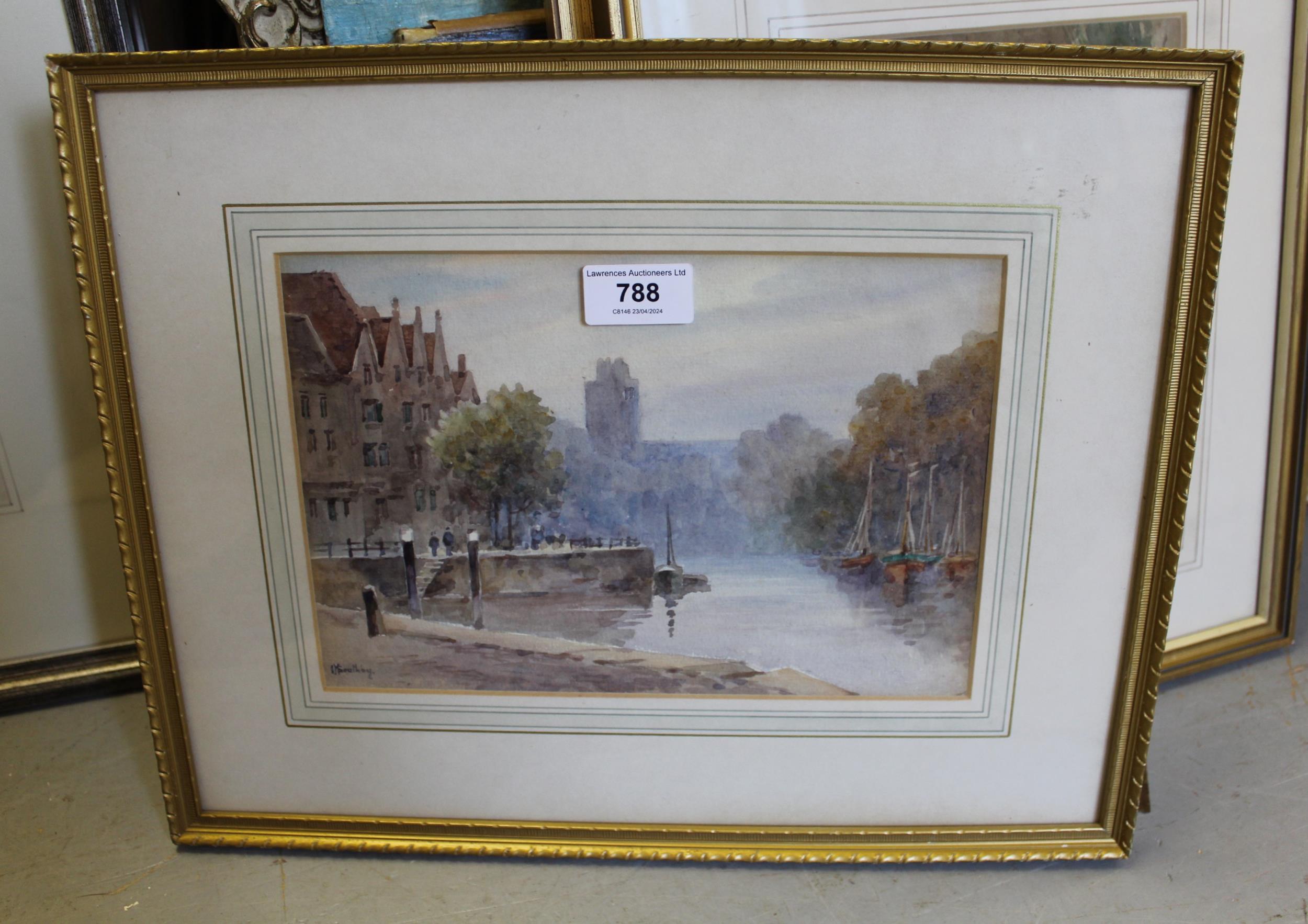 C.M. Southby, watercolour, Continental harbour scene, signed, 17 x 25cm, gilt framed - Image 2 of 2