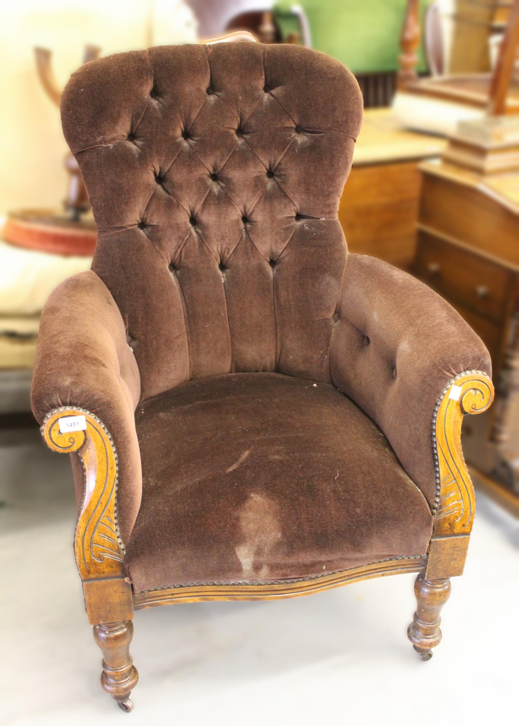 Victorian brown button upholstered spoonback chair, on turned front supports