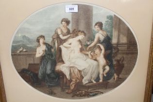 Pair of Bartolozzi oval mounted stipple engravings, after Kauffman, titled ' The Toilet of Venus '