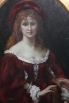Late 20th century oil on canvas, half length portrait of a medieval lady, gilt frame, oval
