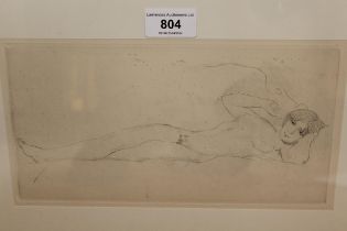 Etching, study of a reclining female nude, unsigned, 13 x 25cm, framed