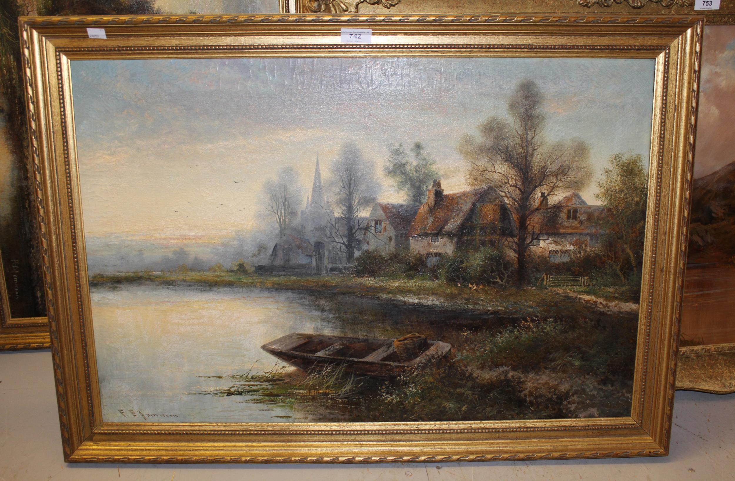 F.E. Jamieson, pair of oils on canvas, river scene with a moored punt before cottages and a church - Image 2 of 3