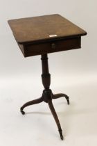 George III yew wood pedestal table, the rectangular top above a single drawer opposed by a dummy