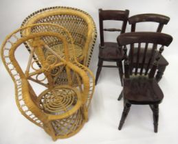 Two miniature dolls rattan armchairs and three miniature mahogany antique style dolls chairs