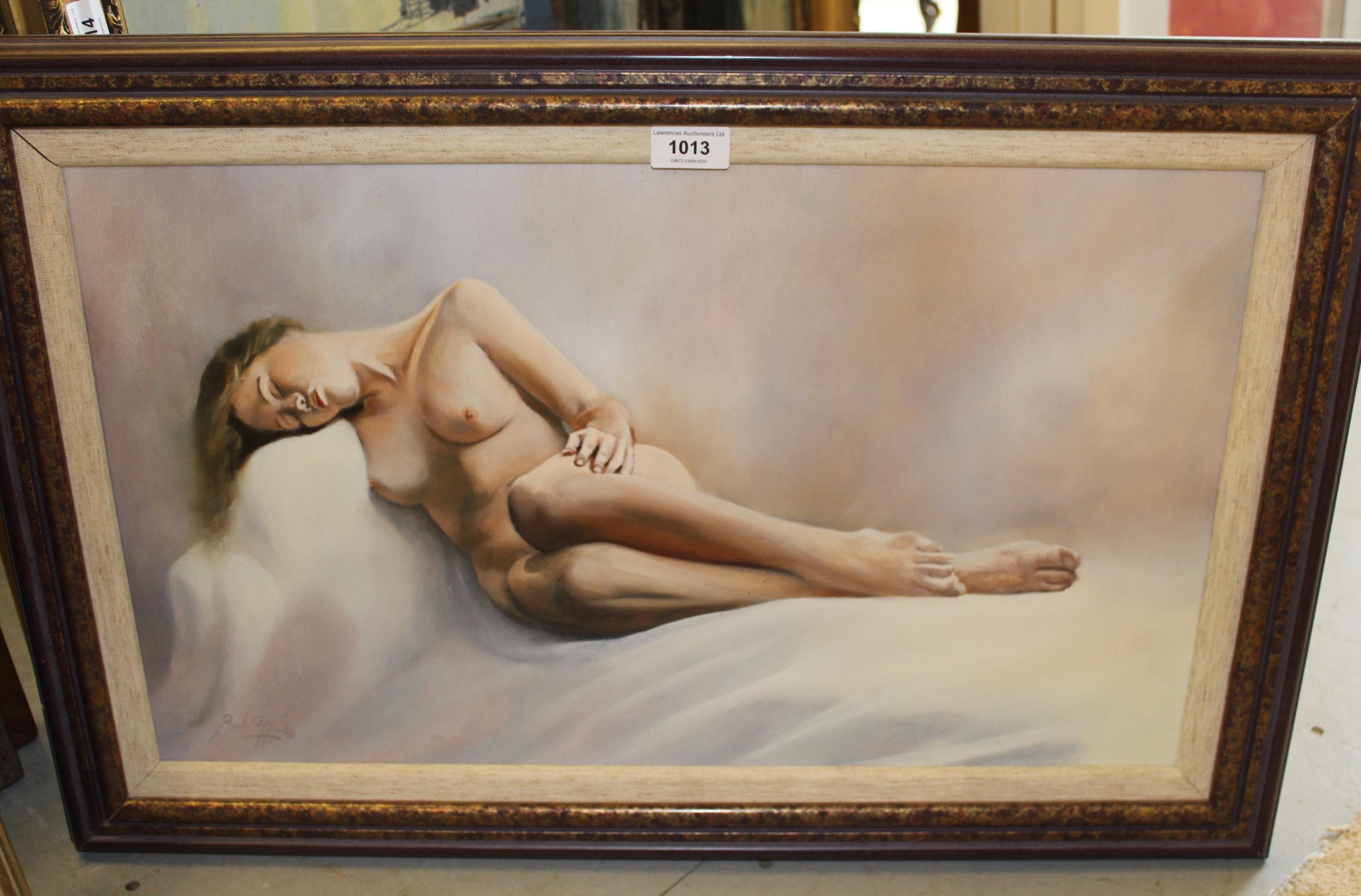 Paul Apps, oil on Masonite, reclining female nude, signed, signed again verso, 35 x 60cm, framed - Image 2 of 2