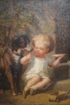 19th Century Continental school oil on canvas, study of a child and dog, signed Josquin, 24 x 18.
