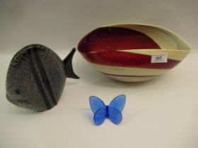 Murano art glass bowl, a signed glass fish and a blue glass butterfly by Baccarat