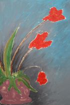 Modern British oil on board, study of stylised red flowers and foliage in a vase, 45 x 35cm