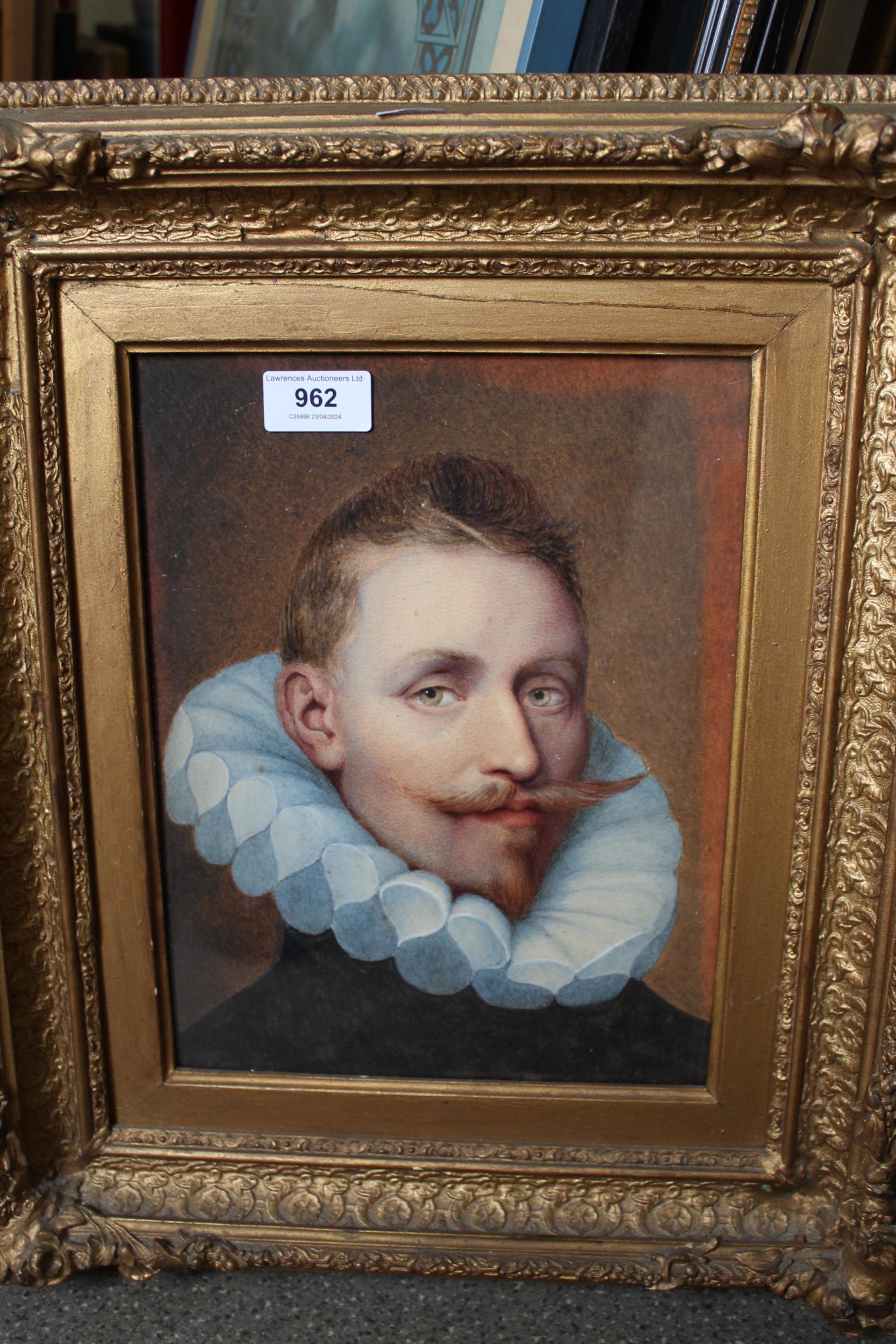 19th Century watercolour, head and shoulder portrait of a 16th century gentleman in miniaturist - Image 2 of 2