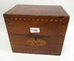 19th Century mahogany shell and chequer inlaid six division decanter box, with three original