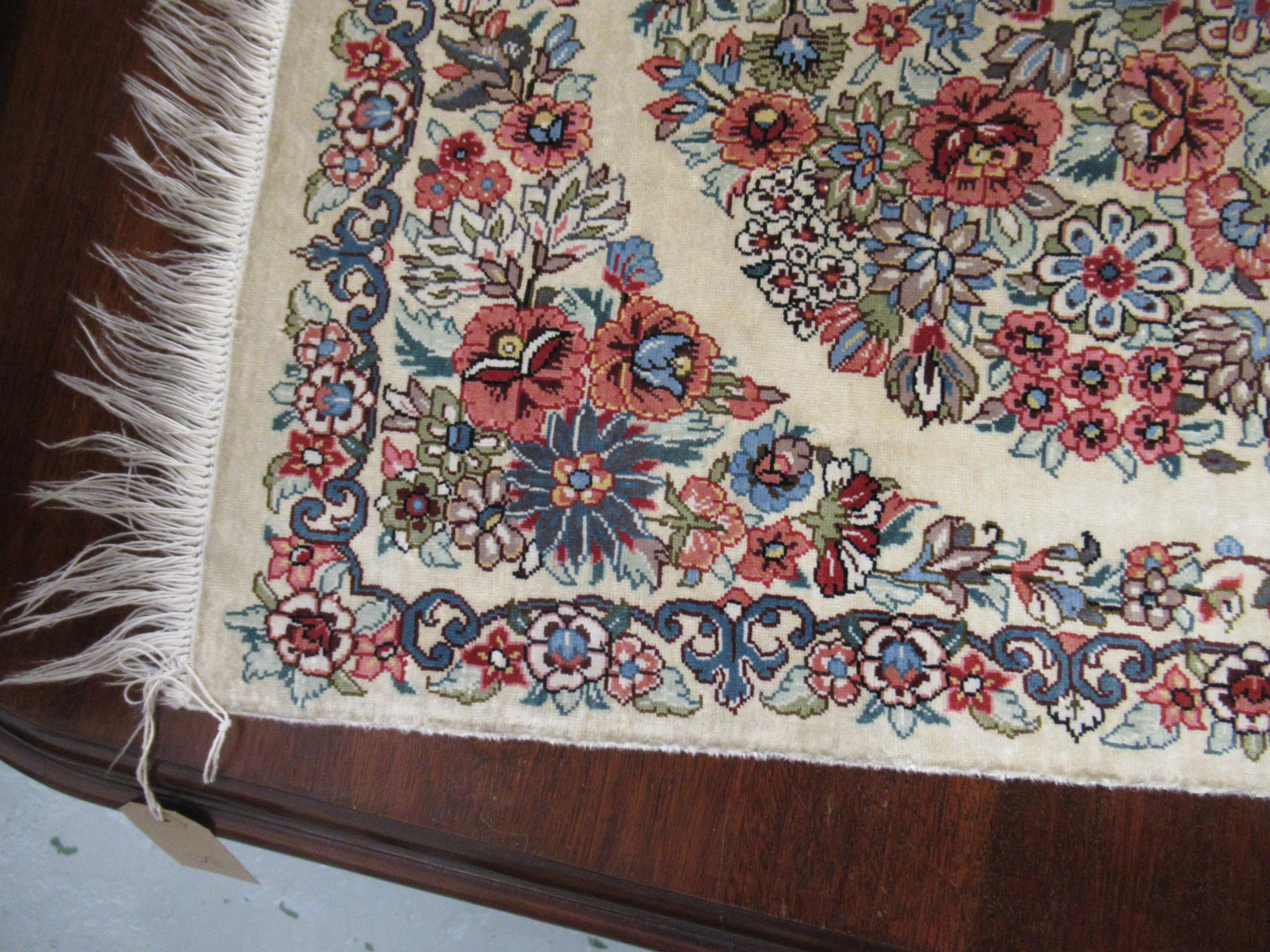 Modern oriental silk rug with a lobed medallion and all-over stylised floral design on an ivory - Image 7 of 10