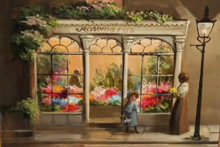 Deborah Jones, oil on board, ' Rosemary's Florist ', and another ' J. Tippins, Dolls and Toys