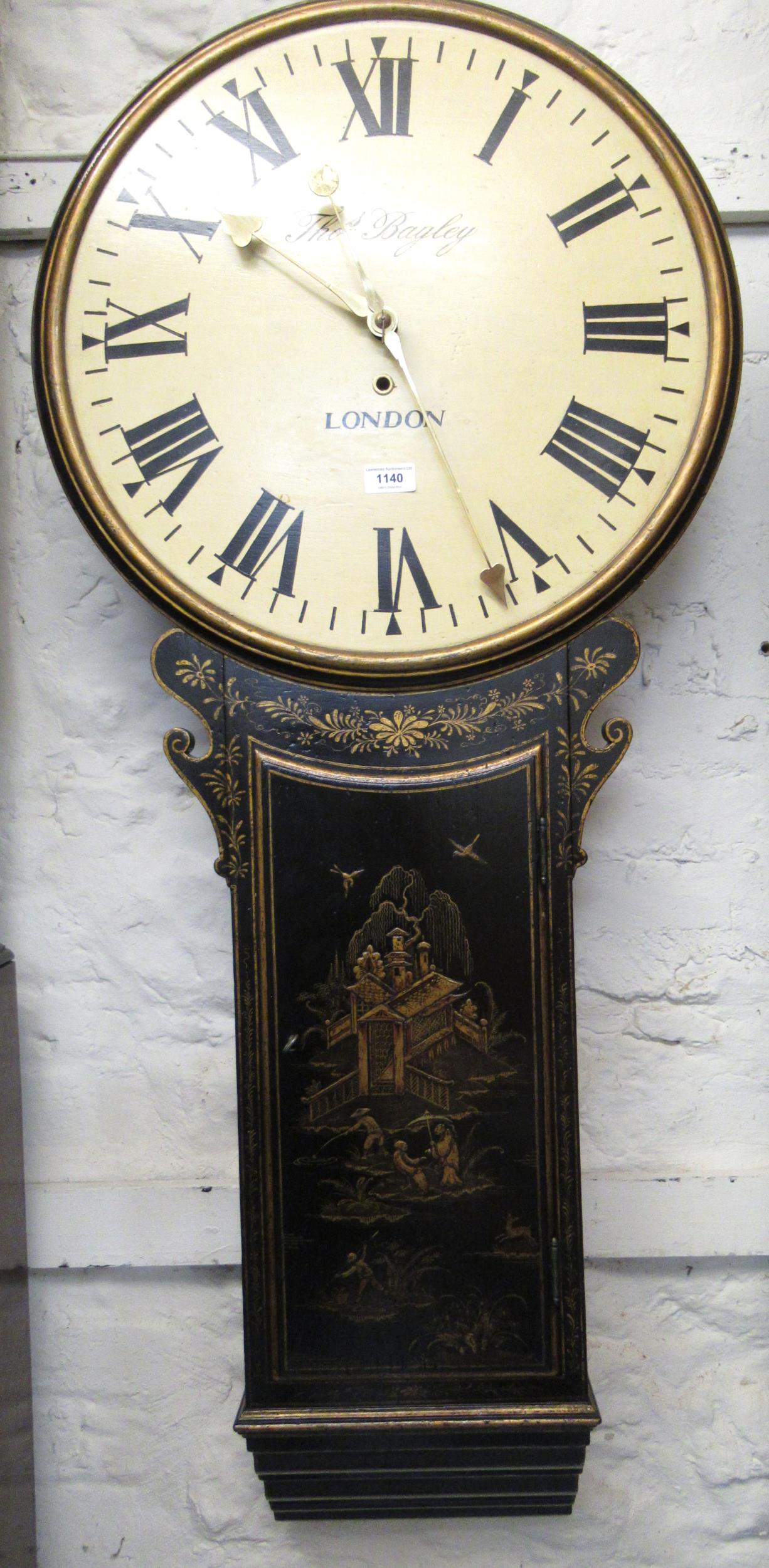 Black chinoiserie lacquer tavern or act of parliament clock, the painted dial with Roman numerals,