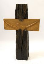 Martin Cundell, carved hardwood sculpture, ' Crucifixion ', 78cm high x 48.5cm wide (with original