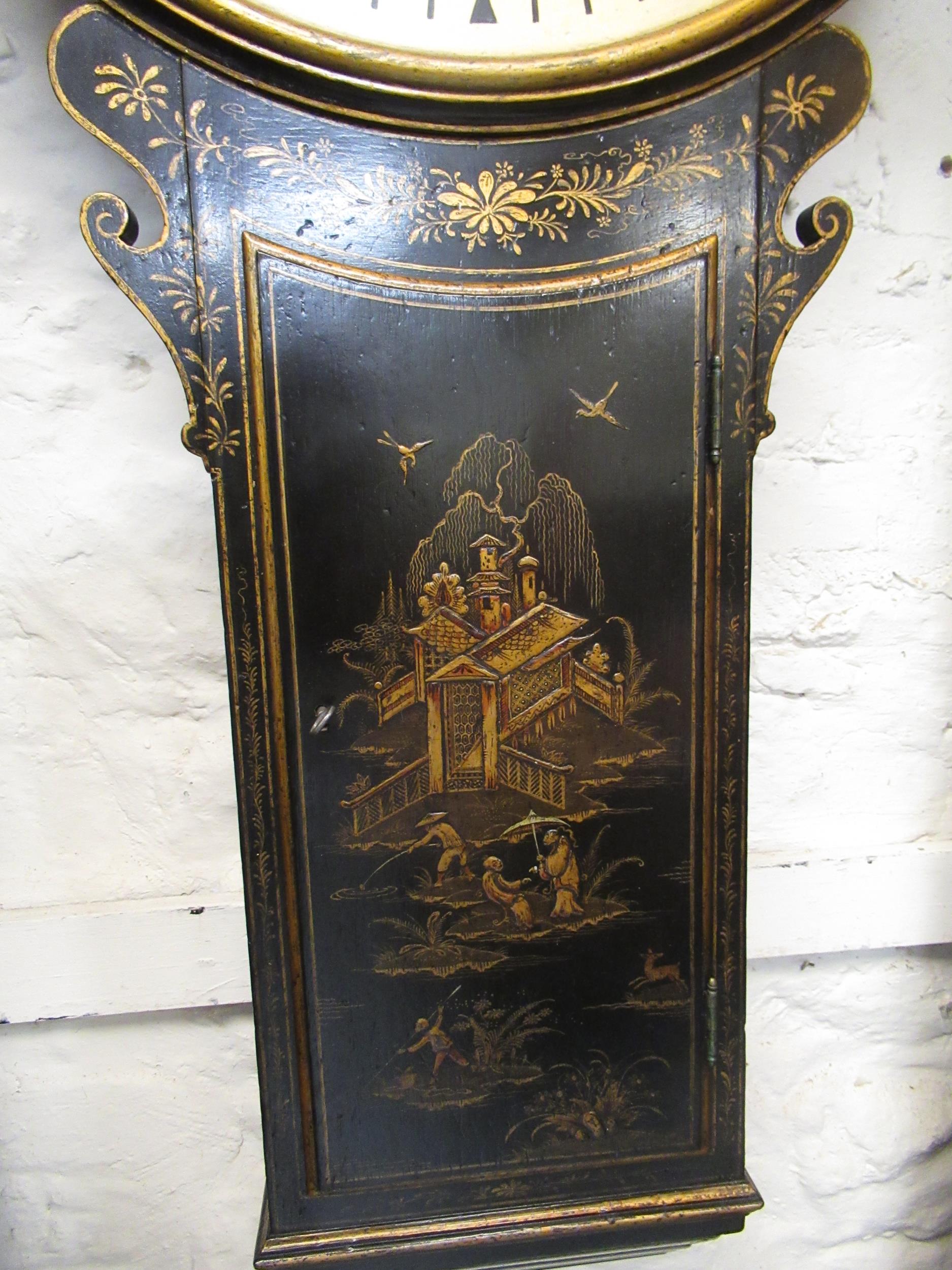Black chinoiserie lacquer tavern or act of parliament clock, the painted dial with Roman numerals, - Image 2 of 12