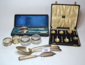 Cased set of six silver seal top teaspoons, together with a cased Victorian silver spoon and fork,