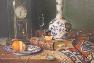 Raymond Campbell, oil on canvas, still life with various items on a table top, gilt framed,