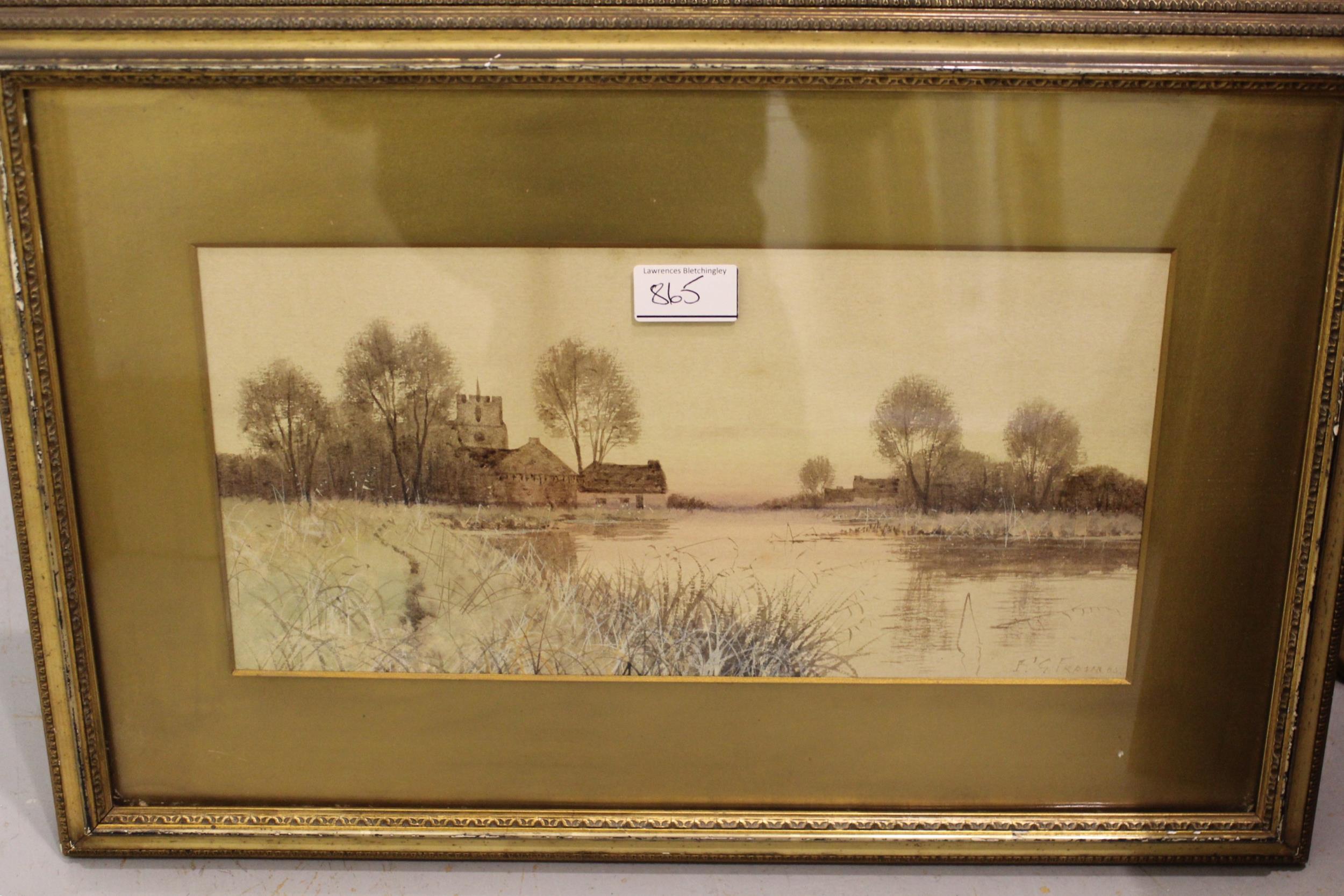 F. Gordon Fraser watercolour, river scene with church, gilt framed, signed, together with a pair - Image 3 of 4